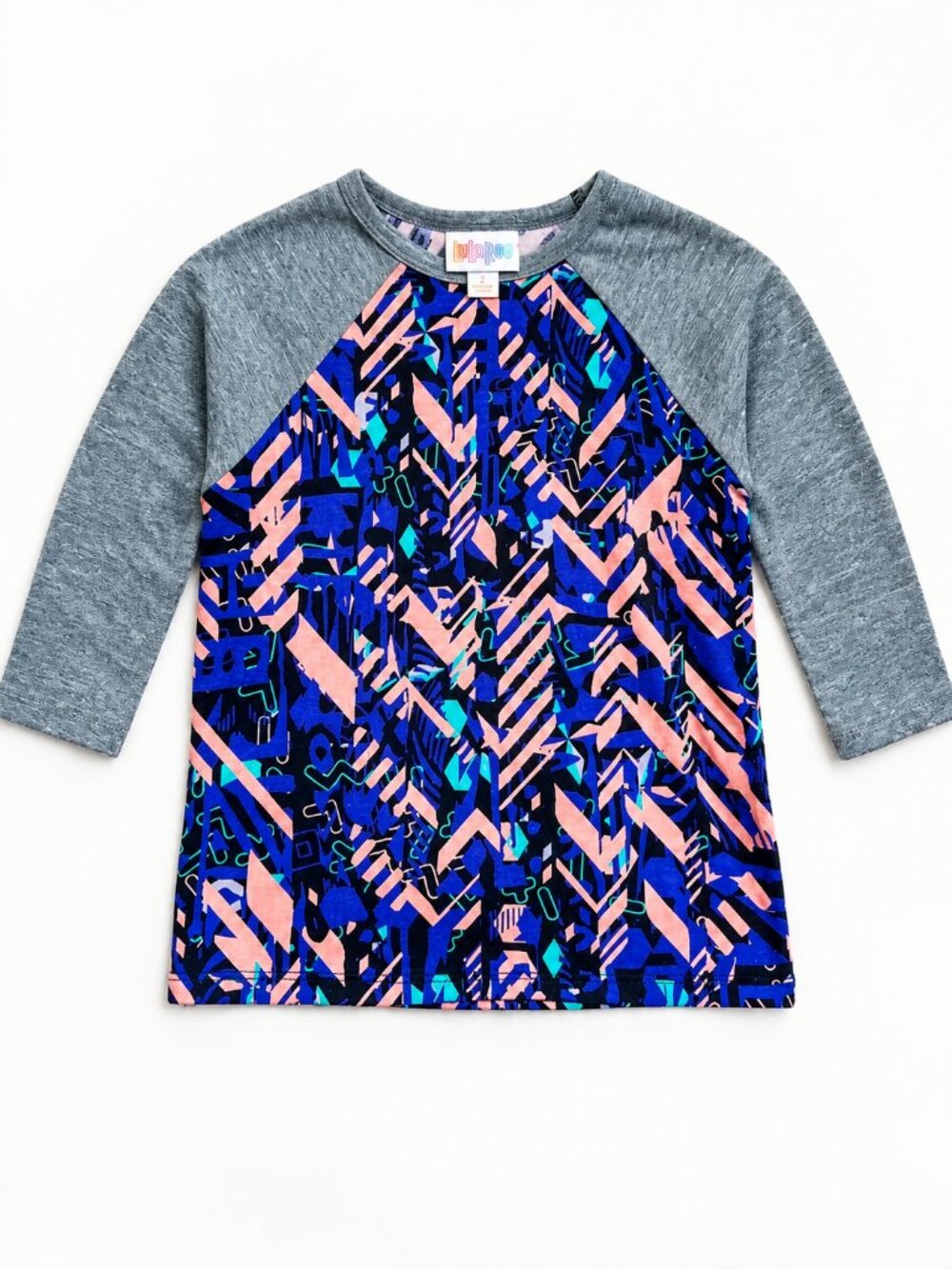 LuLaRoe Girls Blue Pink Abstract Raglan Long Sleeve Tee 2T